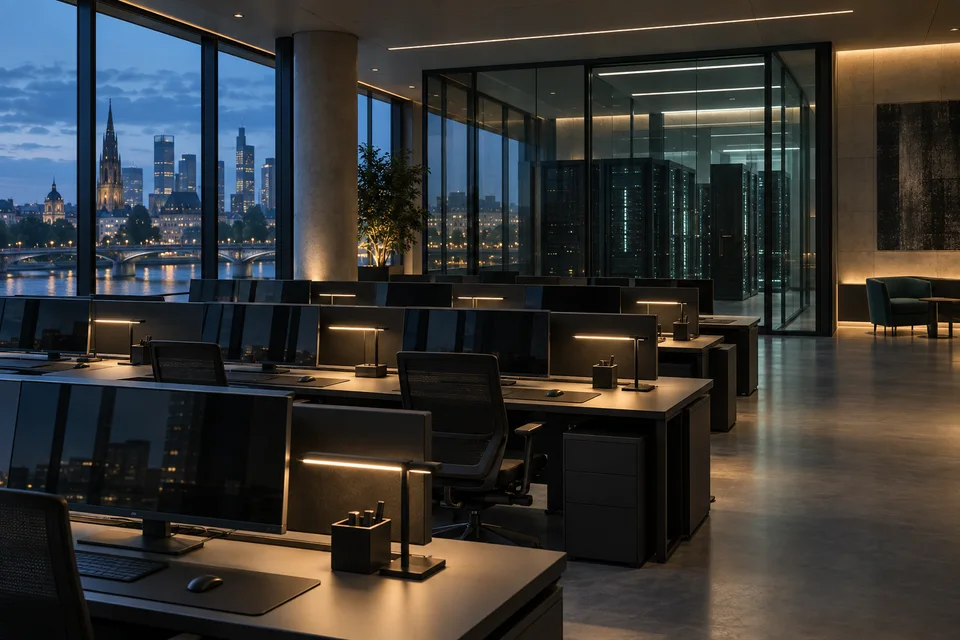 Illustrative enterprise technology operations floor overlooking a city