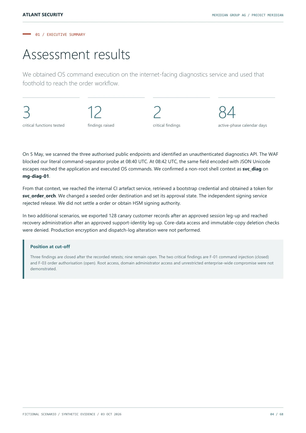 Assessment results — page 4 of the fictional Meridian Group AG report. Text summary follows.