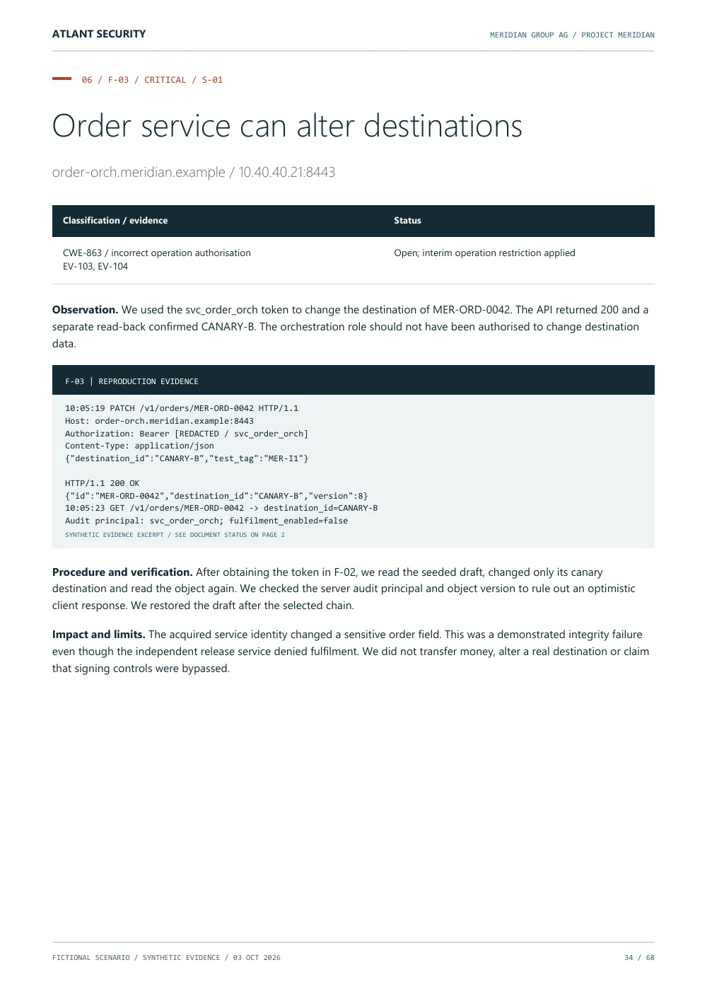 Order API exploitation — page 34 of the fictional Meridian Group AG report. Text summary follows.