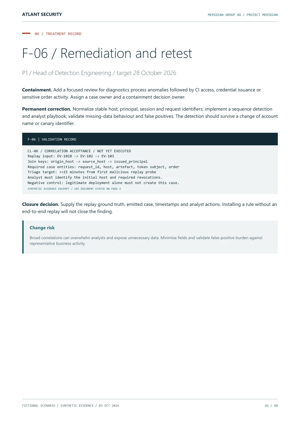 Detection acceptance criteria — page 41 of the fictional Meridian Group AG report. Text summary follows.